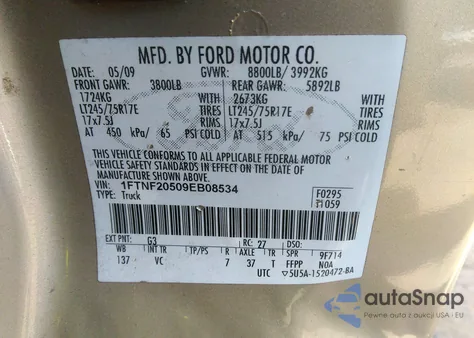 2009 Ford F-250 Xl/Xlt из США, поврежденный, VIN 1FTNF20509EB08534